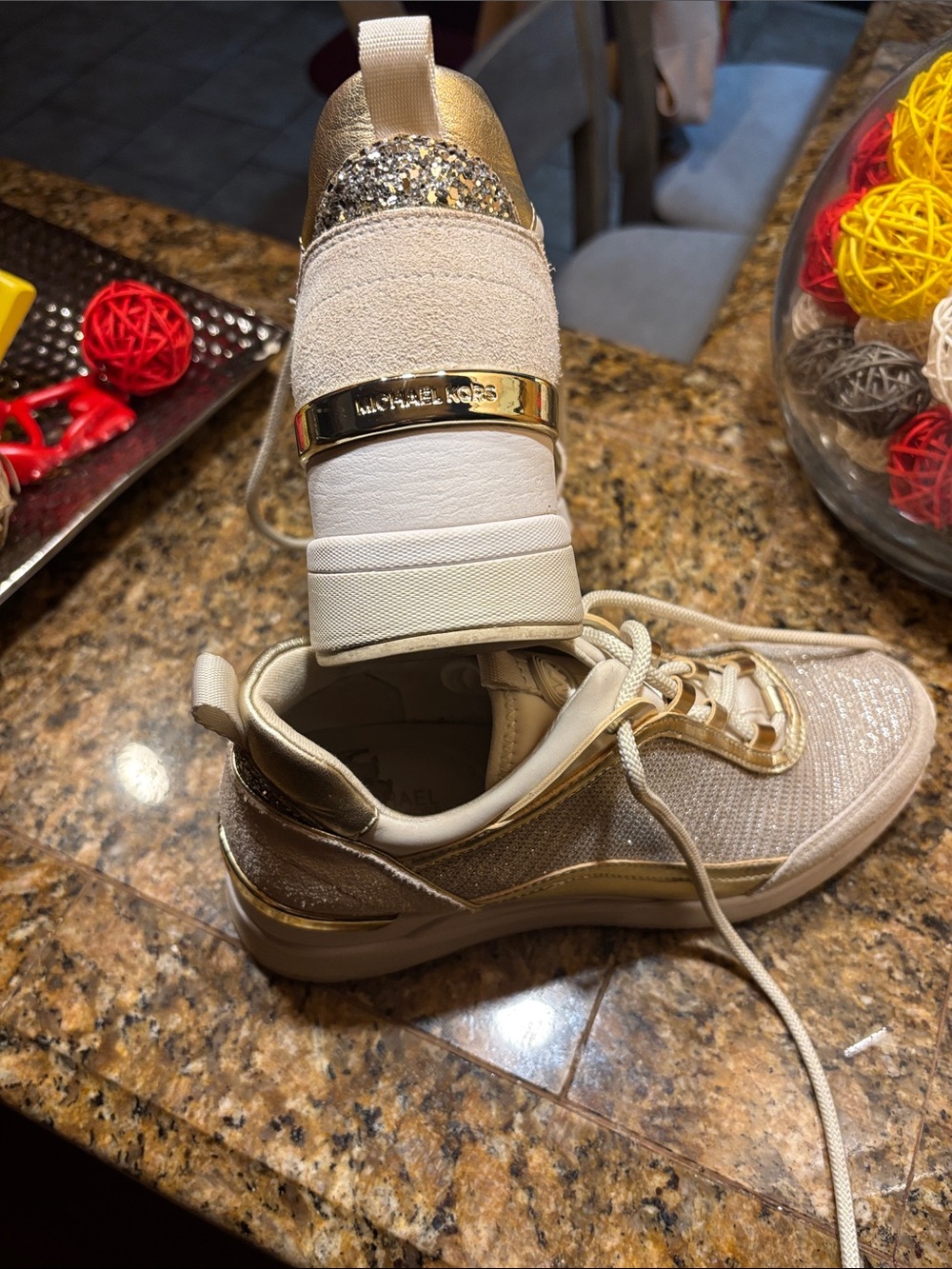 Micheal Kors cream and gold lace up hidden platform sneakers - Picture 4 of 9